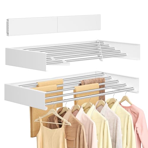SONGMICS Wall Mounted Drying Rack, Clothes Drying Rack Foldable, 80 cm Wide Laundry Clothes Airer with Wall Template, 5 Fold-Out Aluminum Alloy Bars, Indoor, Matte White ULLR809WE01