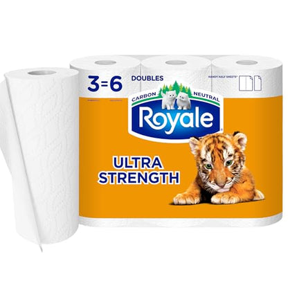 Royale Tiger Strong Paper Towel, 3 Double Equal 6 Rolls, 98 Half Sheets per Roll, White