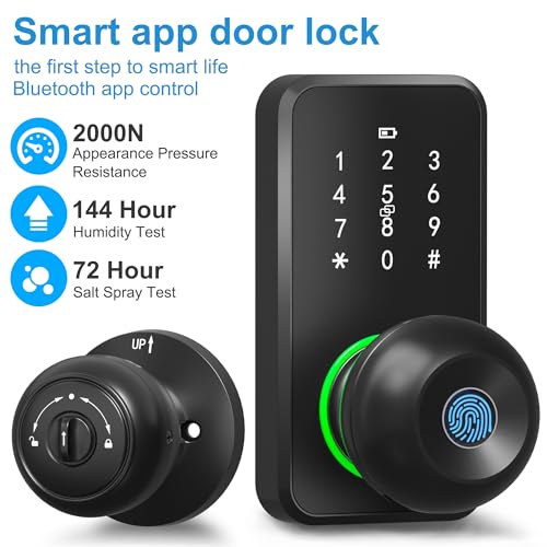 Smart Door Lock Knob Keyless Entry Door Lock Fingerprint Keypad | Touchscreen Keypad, Electronic Digital Code for Front Door, App Remote Control, Easy Installation, Smart Home