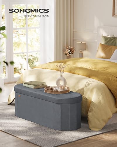 SONGMICS Folding Ottoman with Storage, Oval Storage Ottoman Bench, for Living Room, Velvet Fabric, 38 x 110 x 38 cm, Slate Gray ULSF297GN01