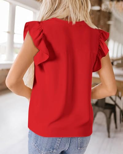 BTFBM Womens Tops V Neck Ruffle Cap Sleeve Loose Solid Blouses,R,S Red