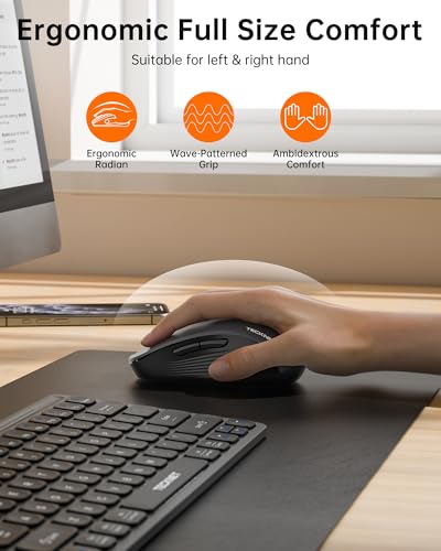 TECKNET Wireless Bluetooth Mouse with 4-Way Wheel for Laptop, 3-Device | [BT5.0+BT3.0+USB] Tri‑Mode Silent Mouse,6‑Level 4800 DPI,Ambidextrous,Ergonomic,for PC/Laptop/MacBook,Grey