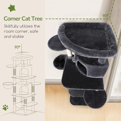 Globlazer Corner Stable Cat Tree Tower for Indoor Large Cats, Dark Grey | 66in Tall Curved Series Large Cat Condo with 6 Sisal Scratching Posts, 2 Spacious Caves, Large Hammock, Hanging Basket, C66