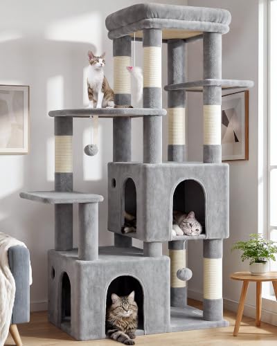 Globlazer Cat Tower for Indoor Cats, 61inch Heavy Duty Cat Trees for Large Adult Big Cats Maine Coon Cat Tree Tower with Scratching Post, Extra Large Top Perch, Cat Condos, F61, Light Grey