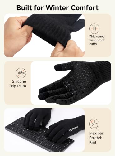 TRENDOUX Winter Gloves for Men Women - Unisex Knit Touch Screen, Thermal Warm Lining - Black-L