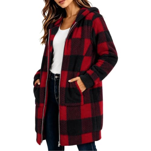 Plaid Sherpa Jacket Women Hooded Zip up Fall Coats Mid Long Outwear