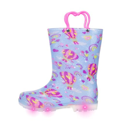Kids Light Up Rain Boots for Girls, Hot Air Balloon, Big Kid Size 1