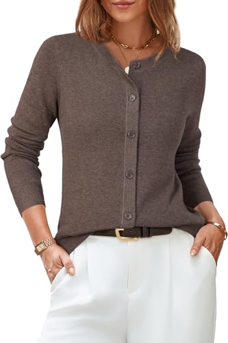 Arach&Cloz Women's Wool Blend Fall Cardigan Sweaters Crewneck Tops Coffee L