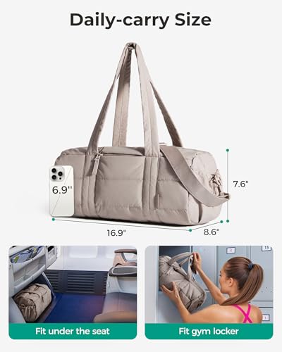 BAGSMART Gym Bag for Women, Yoga Mat Crossbody Bag with Wet & Dry Pocket, 15L Quilted Gym Shoulder Carryall for Weekend, Sand Brown