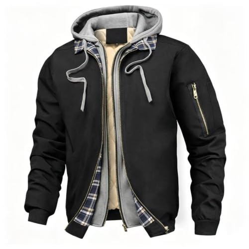 Generic Mens Fall Winter Bomber Jacket Hooded Casual Quilted Puffer Jackets | Men's Tactical Jacket Soft Linner 2 in 1 Winter Jackets Full Zip Parka Jacket with Hood Thicken Snow Ski Quilted Jackets
