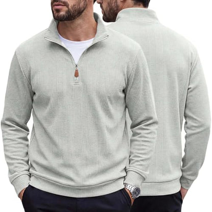 Mens Long Sleeve Shirts Warm Quarter Zip Pullover Waffle Knit Tees Gray