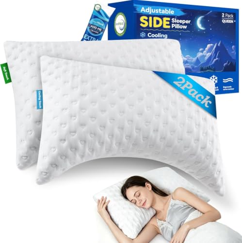 Side Sleeper Pillows for Neck & Shoulder Comfort - Curved Crescent Design, Adjustable Shredded Memory Foam, Cooling & Soft Cover, Extra Fill Included, Queen Size Set of 2