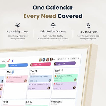 Winnovo 15.6-Inch Smart Digital Calendar & Photo Frame for Family, Wall Planner with Light Wood Frame, Auto-Sync to Apple, Google & Outlook, Touchscreen Display with Chore Chart, To-Do Lists & Meal Planner, No Subscription