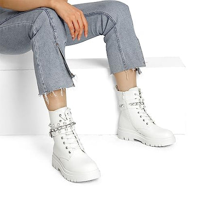 DREAM PAIRS Women's Combat Goth Ankle Boots Booties,White,8
