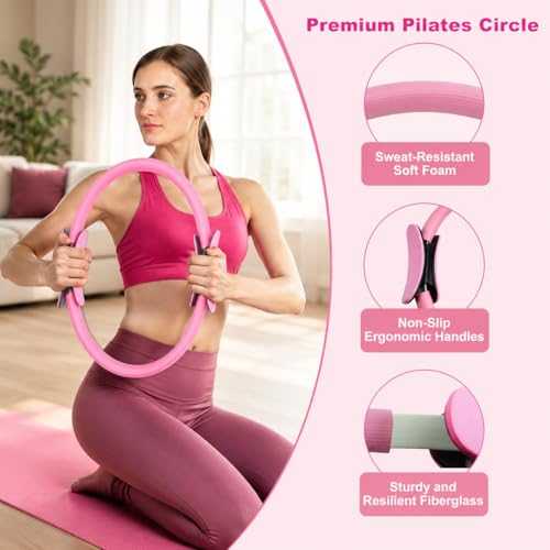 15 Pcs Pilates Kit for Women, Spopal Better Me Pilates Kit with Yoga Ball, Ring, Resistance Bands, Stretching Strap, Sliding Disks, Pilates Essential Equipment for Home (Pink)