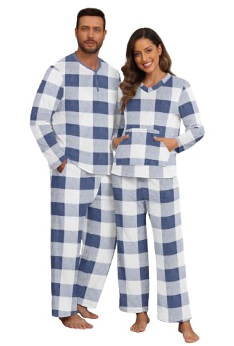 PrinStory Couples Matching Fleece Pajama Set for Women & Men Warm Sleepwear