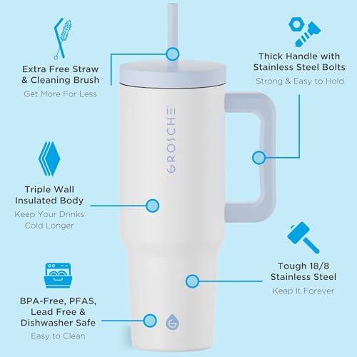 GROSCHE Aspen Insulated Tumbler with Straw & Lid, 40oz, Frost White
