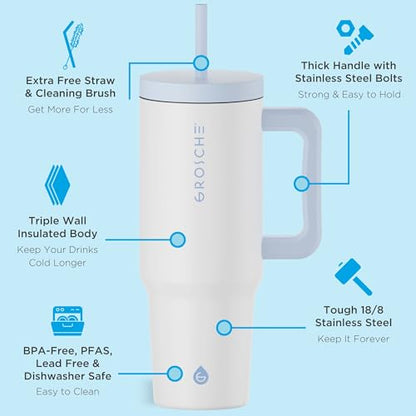 GROSCHE Aspen Insulated Tumbler with Straw & Lid, 40oz, Frost White