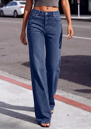 PRETTYGARDEN Women's Wide Leg Jeans High Waisted Denim Pants Deep Blue,4 | Stretchy Flare Jeans, Comfy Soft, Basic-5-Pocket, Trendy Bottoms, Casual Office Wear, Going Out Outfits, Fashion Clothing