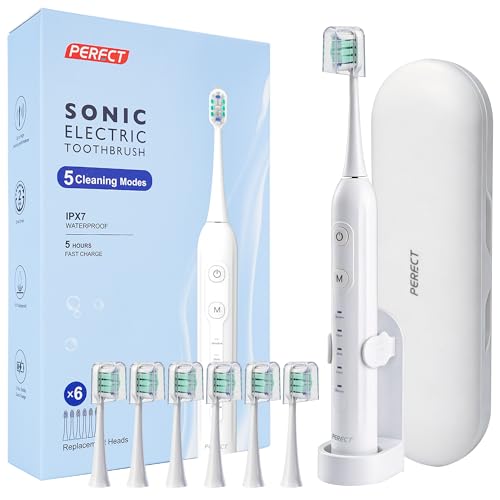 PERECT Sonic Electric Toothbrush for Adults, Rechargeable, 5 Modes, 6 Heads