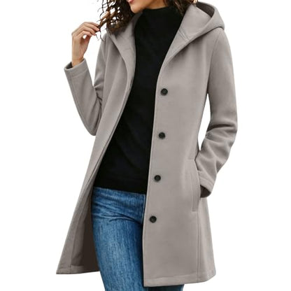 Mid Length Hooded Trench Coat for Women Long Sleeve Button Down Wool Jacket