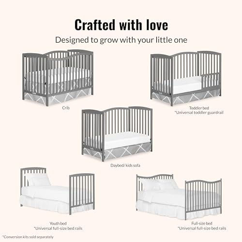 Dream On Me Chelsea 5-In-1 Convertible Crib In Strom Grey, 4 Mattress Height Positions, Non Toxic Finish, JPMA Certified, Made Of Sustainable And Sturdy Pinewood