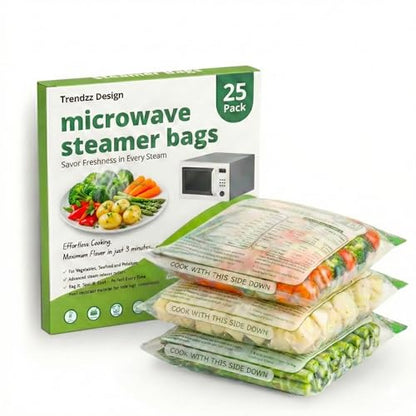 25 Pack Microwave Steamer Bags for Vegetables, Seafood & Potatoes, Zipper Closure, Reusable, Bpa Free, Steamer Bags for Microwave Cooking