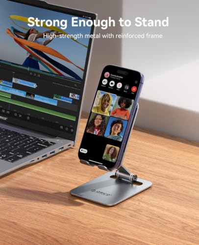ORICO Heavy Duty Metal Phone Stand for Desk, Adjustable Cell Phone Holder | 7.8 oz Weighted Metal Design With 180° Dual-Axis Tilt, Full Silicone Anti-Scratch Base, Stable Support - PS3, Gray