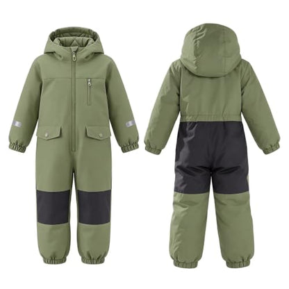 Kids Snow Pants Boys One Piece Ski Suit Waterproof Windproof Padded Snow Suits Kid Girls Winter Outdoor Warm Hooded Snowboard Jumpsuit Army Green 14-15 years