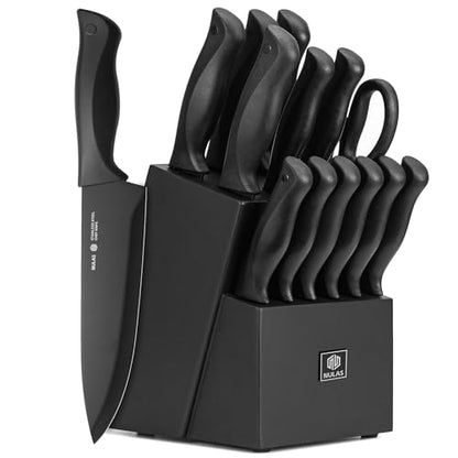 15-Piece Kitchen Knife Block Set with Built-in Sharpener, Upgraded Non-Stick Coating Blades, Ergonomic Handles, Dishwasher Safe