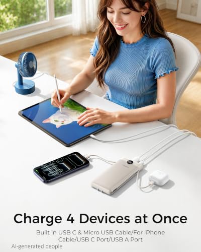 VEGER Portable Charger with Built in Cables&Wall Plug, 10000mAh Power Bank | Ultra Slim USB C Battery Pack 5 Outputs 2 Inputs, LED Display, Flight-Safe Travel Powerbank Compatible with iPhone 18/Samsung