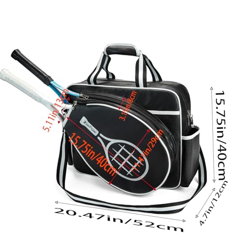 Tennis Bags Tennis Tote Bags Black PU Leather Women Men Women Portable Gym Bag Water Bottle Holder Sport Shoulder Straps Rackets Shoulder Bag Can Hold 2 Rackets