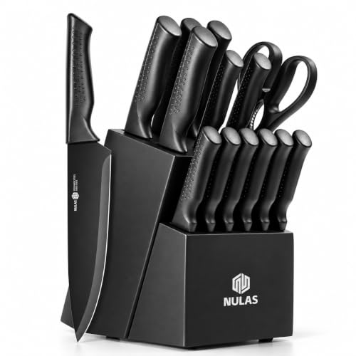 Knife Set, 15 Piece Kitchen Set with Block, Self Sharpening, Dishwasher Safe, 6 Steak Knives, Anti-Slip Handle, Black