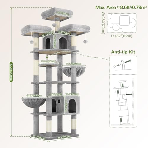 Globlazer Cat Trees and Towers for Multiple Adult Cats, 82-inch XXL Tall Cat Tree Tower for Indoor Cats with Scratching Post, 3 Perches, 2 Hanging Baskets, 2 Condos, Light Grey, F82
