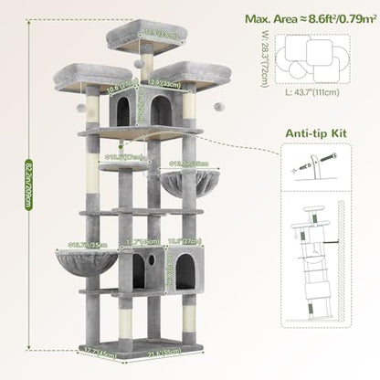 Globlazer Cat Trees and Towers for Multiple Adult Cats, 82-inch XXL Tall Cat Tree Tower for Indoor Cats with Scratching Post, 3 Perches, 2 Hanging Baskets, 2 Condos, Light Grey, F82