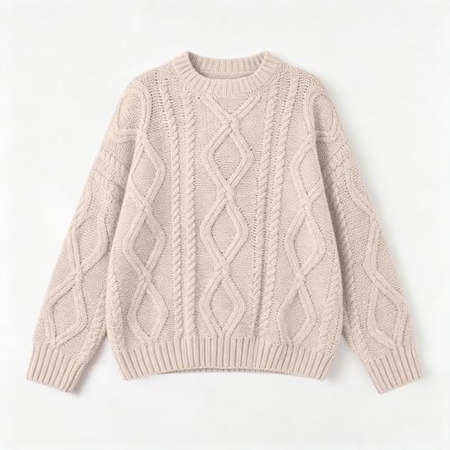 Sueter Tejidos para Mujer, Long Sleeve Cable Knit Pullover Sweaters Beige