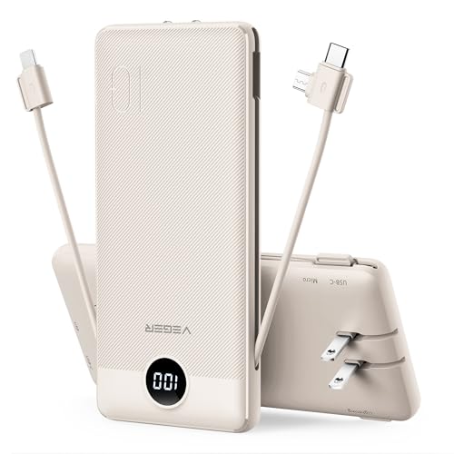 VEGER Portable Charger with Built in Cables&Wall Plug, 10000mAh Power Bank | Ultra Slim USB C Battery Pack 5 Outputs 2 Inputs, LED Display, Flight-Safe Travel Powerbank Compatible with iPhone 18/Samsung