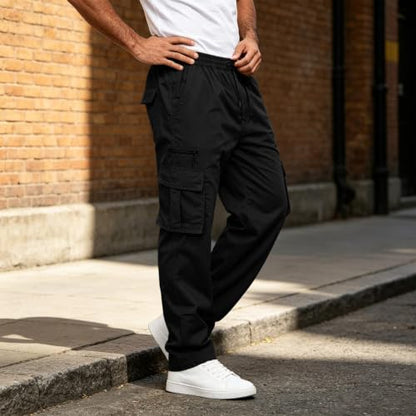 Mens Drawstring Elastic Waist Cargo Pants Straight Leg Casual Pants