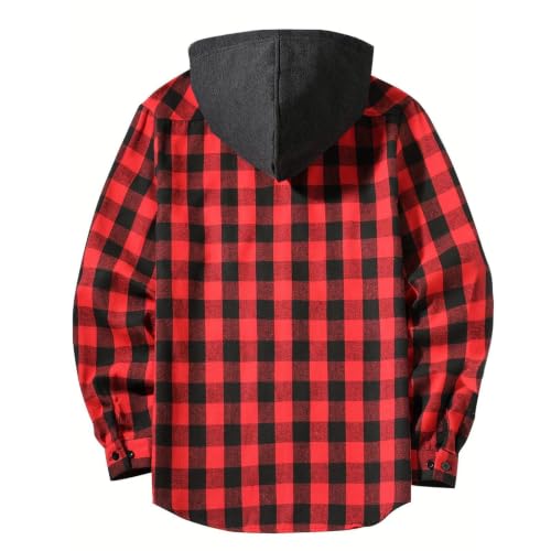 Hoodies for Men Plaid Graphic Hooded Button Down Jacket with Chest Pockets