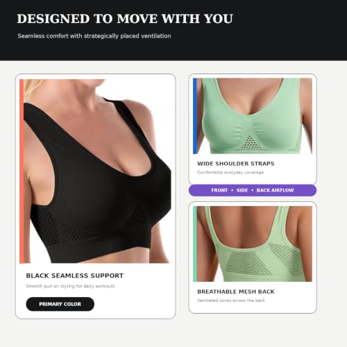5 Pack Sports Bras for Women Plus Size Wireless Bra Seamless Yoga Top Navy