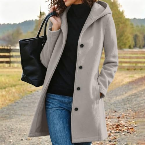 Mid Length Hooded Trench Coat for Women Long Sleeve Button Down Wool Jacket