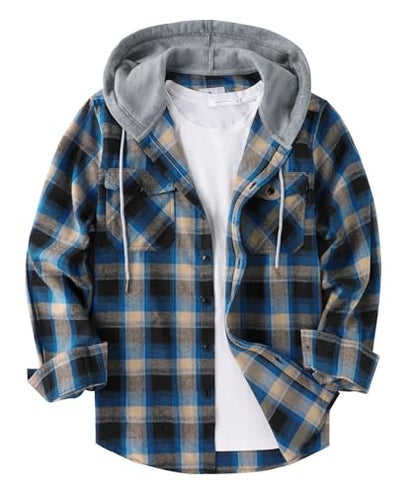 ZITY Mens Flannel Plaid Shirt Jacket Button Down Hoodie with Front Pockets