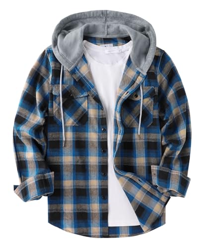 ZITY Mens Flannel Plaid Shirt Jacket Button Down Hoodie with Front Pockets