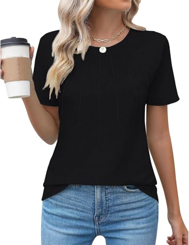 RIROW Short Sleeves Tops for Women Summer Basic T Shirts Casual Crew Neck Pleated Loose Fit Tunic Tops 2025 L Black
