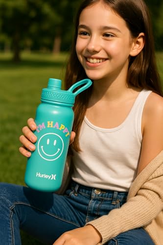 Hurley 32 Oz Reusable Water Bottle with Chug Cap Stainless Steel Sports Bottle "I'M HAPPY" Design with Handle on Lid, Mint