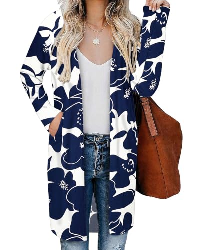 AUSELILY Sweater for Women Plus Size Long Cardigans(White Navy Flower-L) | Open Front Cardigans,V-Neck Women Sweater with Pocktes,Lightweight Sweater Coat,Office,Work,Winter