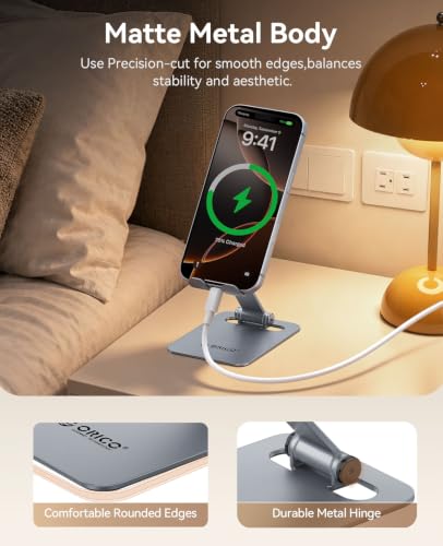 ORICO Heavy Duty Metal Phone Stand for Desk, Adjustable Cell Phone Holder | 7.8 oz Weighted Metal Design With 180° Dual-Axis Tilt, Full Silicone Anti-Scratch Base, Stable Support - PS3, Gray