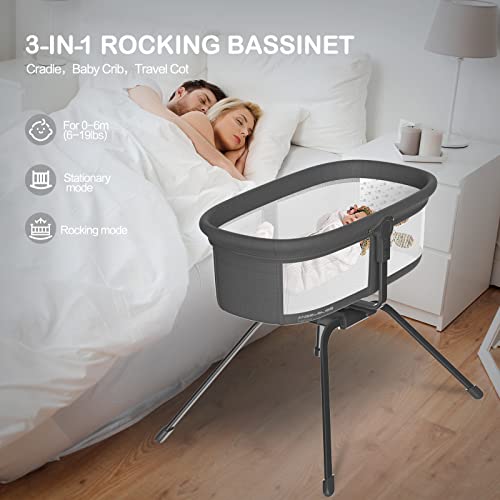 ANGELBLISS 3 in 1 Rocking Bassinet & Baby Portable Travel Bedside Crib, Side to Side Manual Rocking Motion Bassinet, Mattress Included (Black)
