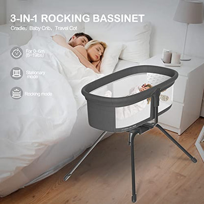 ANGELBLISS 3 in 1 Rocking Bassinet & Baby Portable Travel Bedside Crib, Side to Side Manual Rocking Motion Bassinet, Mattress Included (Black)