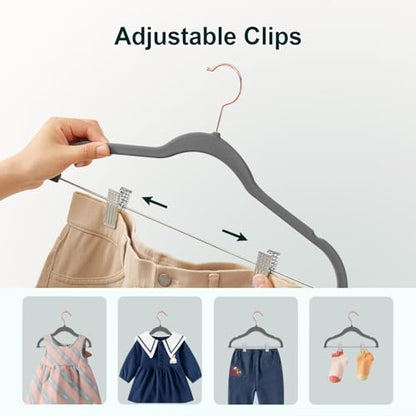 Wellong Baby Velvet Hangers with Clips Non-Slip for Clothes Gray 14 Pack